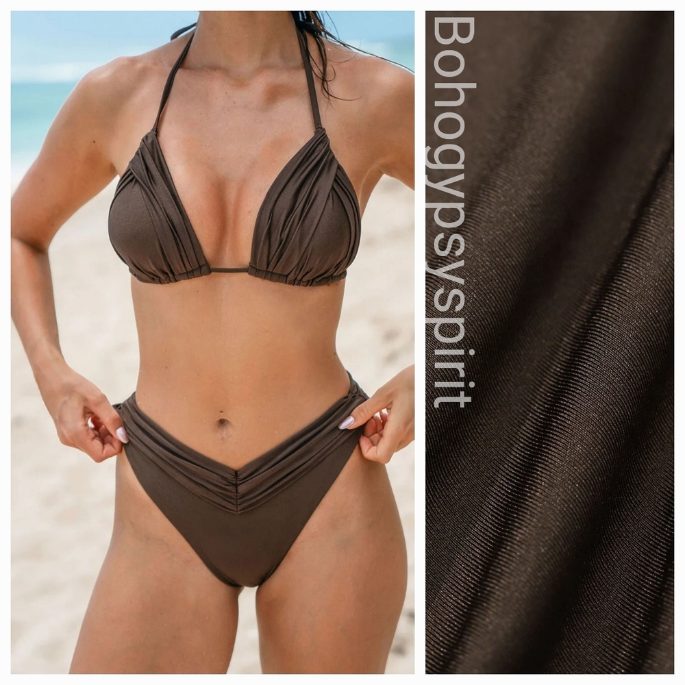 NWT $76 Berlook Dark Coffee Brown Ruched Bikini Set, Large